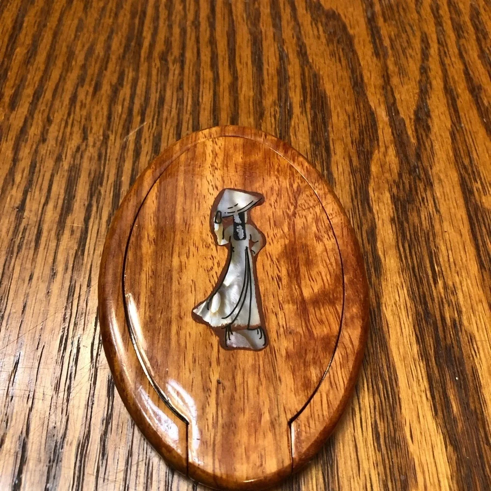Vintage Wooden Mirror Compact Handmade
